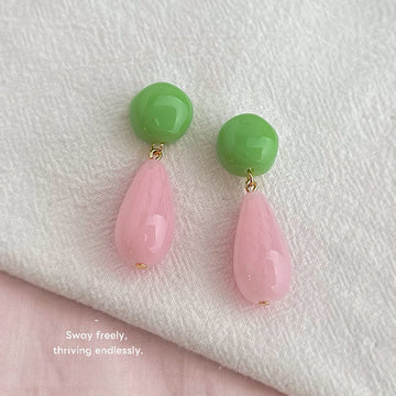 Green Round Stud Pink Faceted Teardrop Drop Earrings