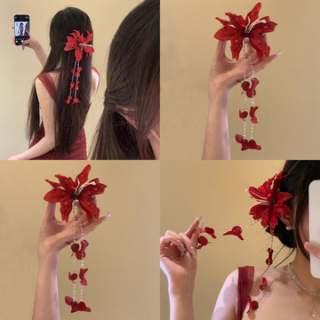 Large Red Fabric Lily Duckbill Hair Clip With Petal Chain Tassels