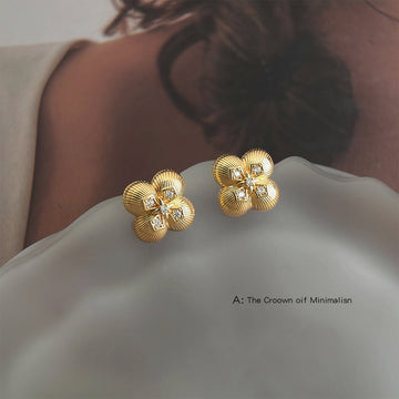 Gold Ribbed Four Leaf Clover Crystal Stud Earrings