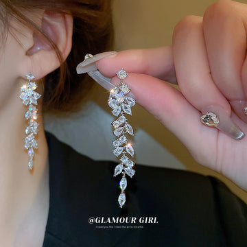 Silver Tone Crystal Leaf Cascade Drop Earrings Jewelry