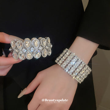 Clear Rectangle Grid And Teardrop Loop Wide Bracelets In Silver Tone