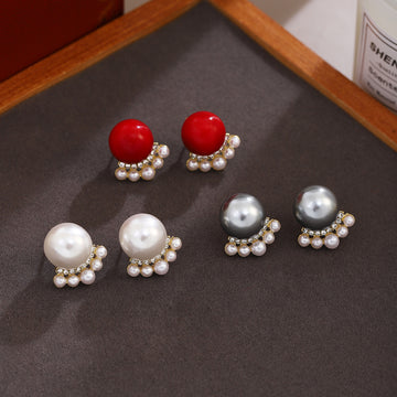 White Pearl Look Round Floral Fringe Stud Earrings