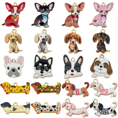 Colorful chihuahua charms arranged on a light background