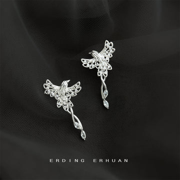 Silver Flying Phoenix Drop Earrings with Clear Stone Feathers
