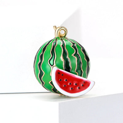 Round Watermelon Enamel Brooch with Slice displayed from the front