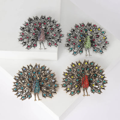 Main front view of Large Crystal Peacock Brooch In Four Color Designs