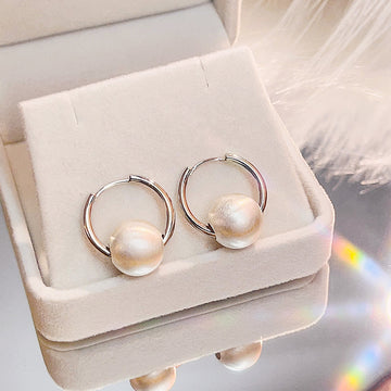 Silver Tone Hoop Earrings with Matte Round Bead Charm