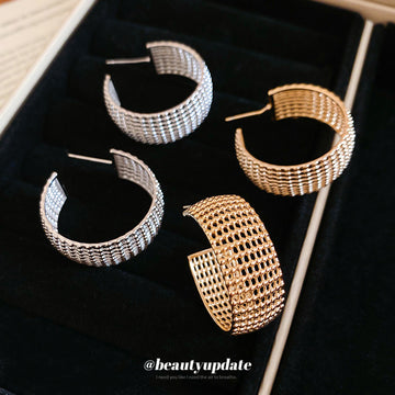 Pair of Metal Tone Wide Crystal Mesh C-Shaped Hoop Earrings