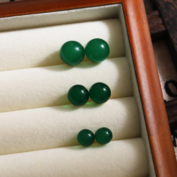 Green Round Bead Stud Earrings in Four Graduated Sizes