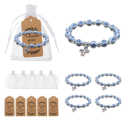 Packaging overview shows the blue cross-bead stretch bracelet with an organza bag and kraft tags.