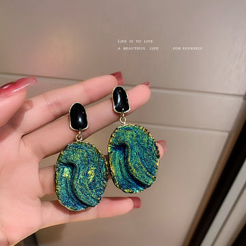 Blue Green Swirl Textured Disc Dangle Statement Earrings