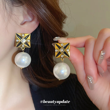 Gold Black Square Stud Earrings with White Pearl Drops