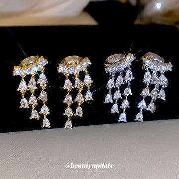 Crystal Fan Tassel Clip-On Earrings in Silver and Gold