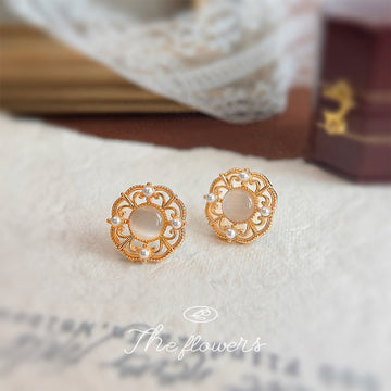 Gold Tone Openwork Floral Frame Cream Round Stone Stud Earrings