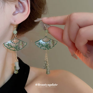 Green Fan And Bamboo Tassel Hook Earrings With Decorative Details