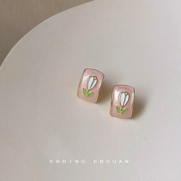 Pink Rectangle Enamel Tulip Stud Earrings Gold Rim