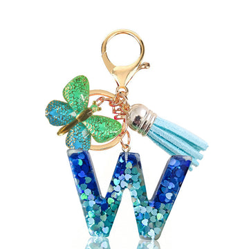 Blue Glitter Letter Keychain with Butterfly and Tassel in Twelve Letters