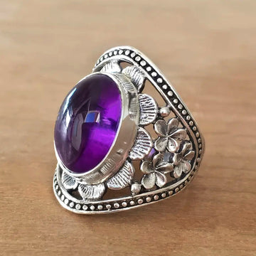 Silver Purple Oval Cabochon Floral Filigree Ring Sizes 6-10