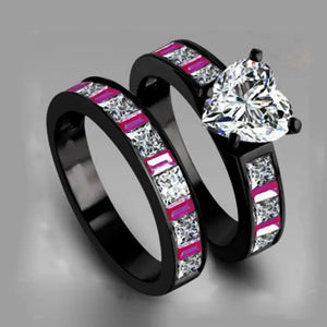 Gunmetal Tone Pink Crystal Heart Ring Set Fashion Jewelry