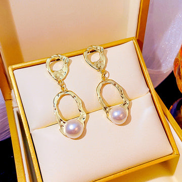 Gold Organic Open Oval Drop Earrings Pearl Accent Studs