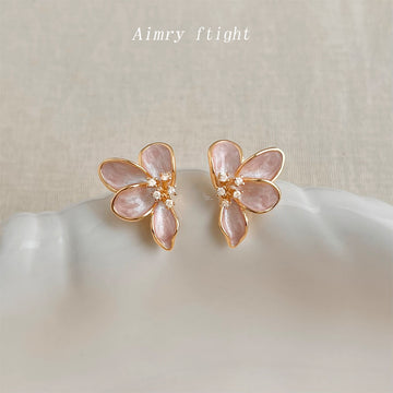 Soft Pink Enamel Three Petal Flower Crystal Stud Earrings