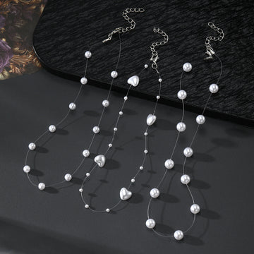 Floating Pearl and Heart Illusion Wire Choker Necklaces