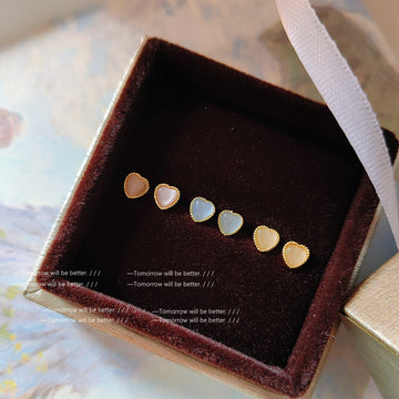 Gold Tone Pearlescent Heart Stud Earrings In Pink Blue And Peach