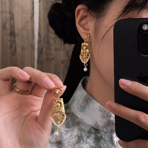 Ornate Gold Tone Filigree Drop Earrings with Pearl Tips