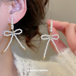 White Crystal Bow Chain Tassel Drop Earrings For Women