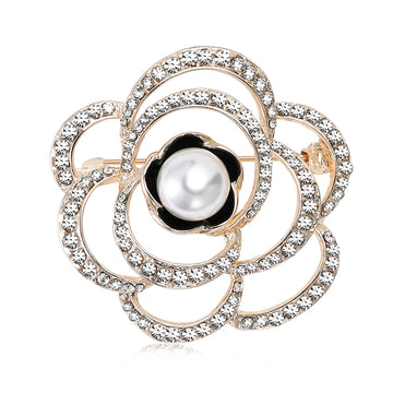Open Crystal Camellia Brooch in Silver or Rose Gold With Pearl