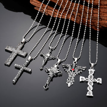 Antique Silver Tone Ornate Cross Ball Chain Pendant Necklaces