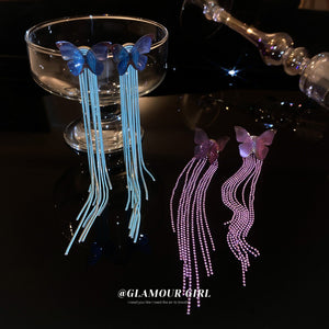 Blue Iridescent Butterfly Long Chain Tassel Earrings