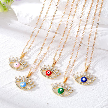Gold Tone Crystal Lash Enamel Evil Eye Pendant Necklaces in Five Colors