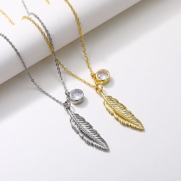 Feather Crystal Pendant Necklace in Silver and Gold Tones