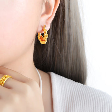 Twisted Link Ribbed Hoop Earrings Gold and Steel Tones