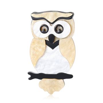 Cream Acrylic Owl Brooch Pin with Black Bow Tie Decorative Jewelry