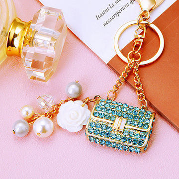 Crystal Mini Handbag Keychains with Pearl and Flower Dangles in Eight Options