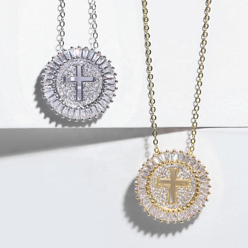 Gold And Silver Tone Cross Medallion Pendant Necklace