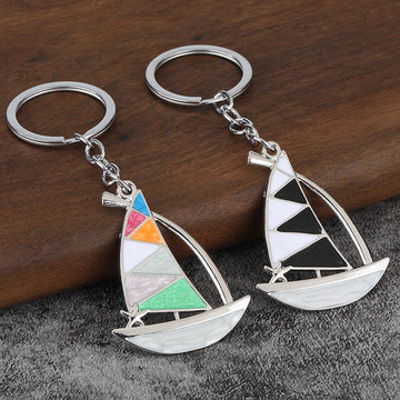 Sailboat Metal Keychain With Split Ring, Black Or Multicolor Sail