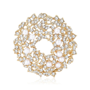 Crystal Floral Wreath Brooch With Polished Metal And Sculpted Decorative Details