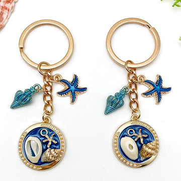 Six Blue Starfish Shell Ocean Metal Keychain Designs