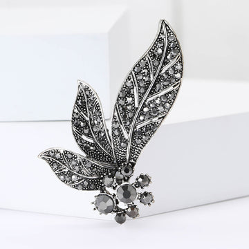 Dark Crystal Leaf Spray Metal Brooch with Floral Cluster