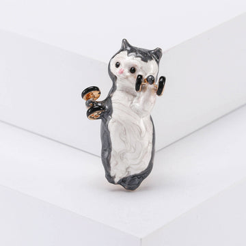 Enamel Cat Holding Dumbbells Brooch Grey White Pin