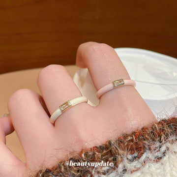 Enamel Open Band Ring Rectangular Zircon Pink White