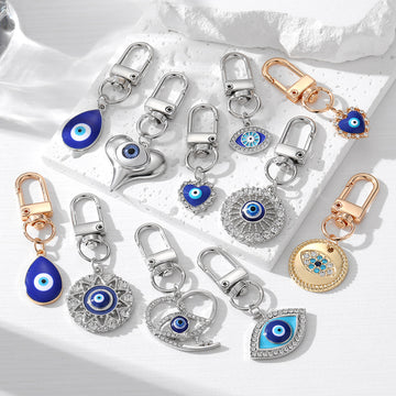 Gold and Silver Tone Blue Evil Eye Clip Keychains in Eleven Styles