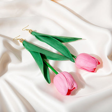 Yellow and Pink Tulip Flower Extra Long Hook Earrings