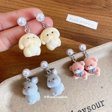 Pastel Flocked Bear Drop Earrings with Glossy Pink Beads