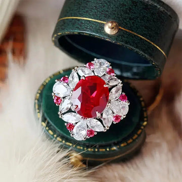 Red Oval Clear Floral Halo Cocktail Ring Sizes 6-10