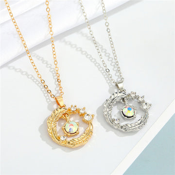 Crystal Crescent Leaf Wreath Pendant Necklaces in Gold or Silver Tone