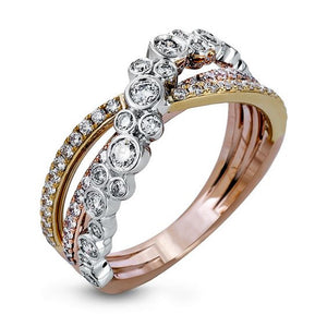 Three Color Crossover Crystal Band Ring With Clear Crystal Accents